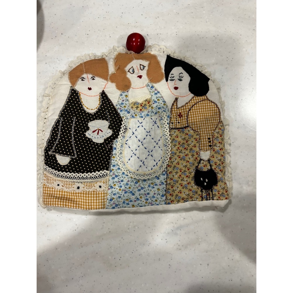 Vintage Handmade Folk Art Tea Cozy Quilted Three Women Lace Trim Cottagecore